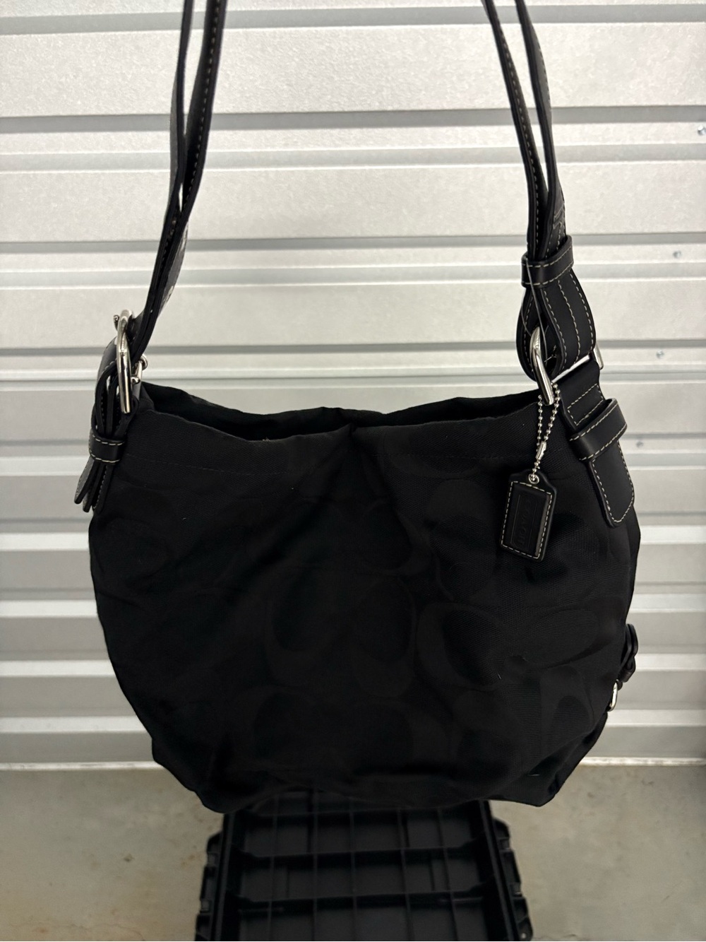 Coach Black Signature Shoulder Bag with Leather Trim